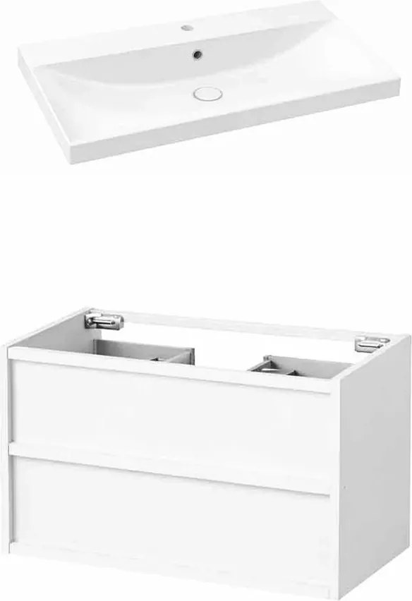 Set dulap baza suspendat KolpaSan Storia 2 sertare 80 cm finisaj alb cu lavoar ceramic alb