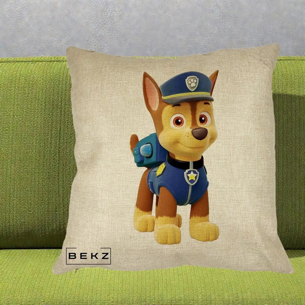 Perna Personalizata Chase PAW Patrol Albastru, 40x40 cm, Crem, Husa Detasabila, Perna Inclusa, BEKZ®