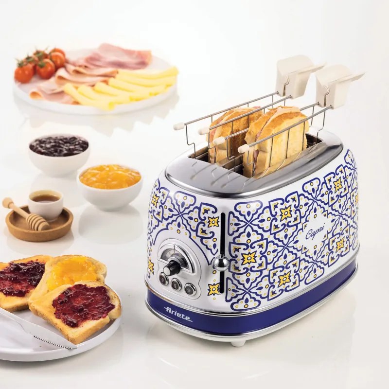 Prаjitor de pâine Ariete Capri 0155/0C, 810W, 2 felii, 3 funcтii, 6 trepte, Tava firimituri detasabila, Alb/Albastru