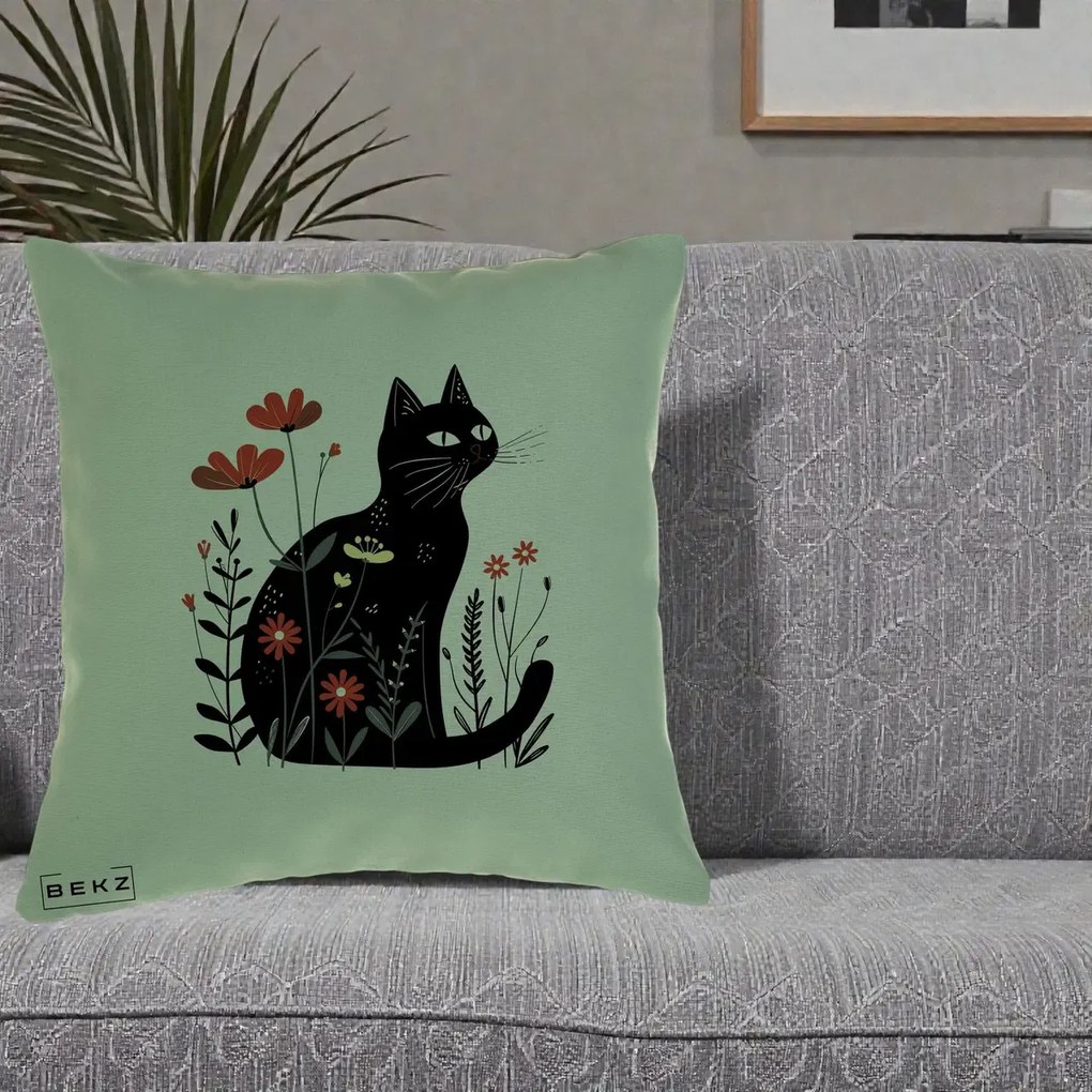 Perna Decorativa Pisica Neagra Flori Rosii Folk, 40x40 cm, Verde, Husa Detasabila, Perna Inclusa, BEKZ®
