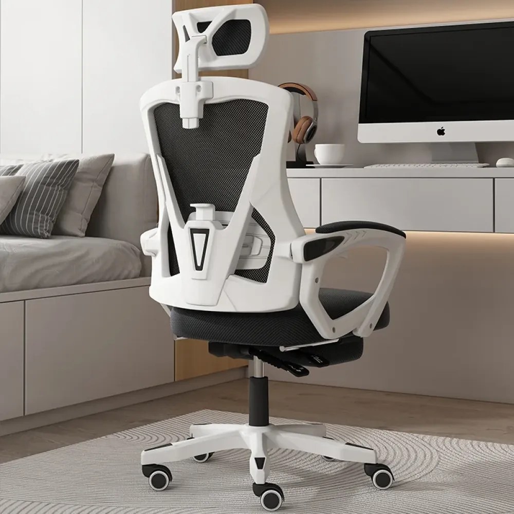Scaun ergonomic cu suport lombar, pivotant 360°, tetieră reglabilă, suport pentru picioare, Mesh, Alb/Negru