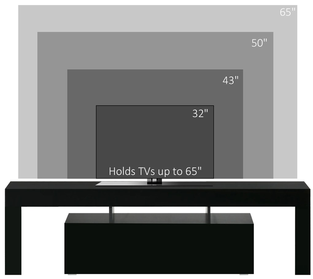 HOMCOM Comoda TV 65" max din MDF si sticla cu 3 compartimente deschise, un compartiment, lumini cu LED in 16 culori, negru | Aosom Romania