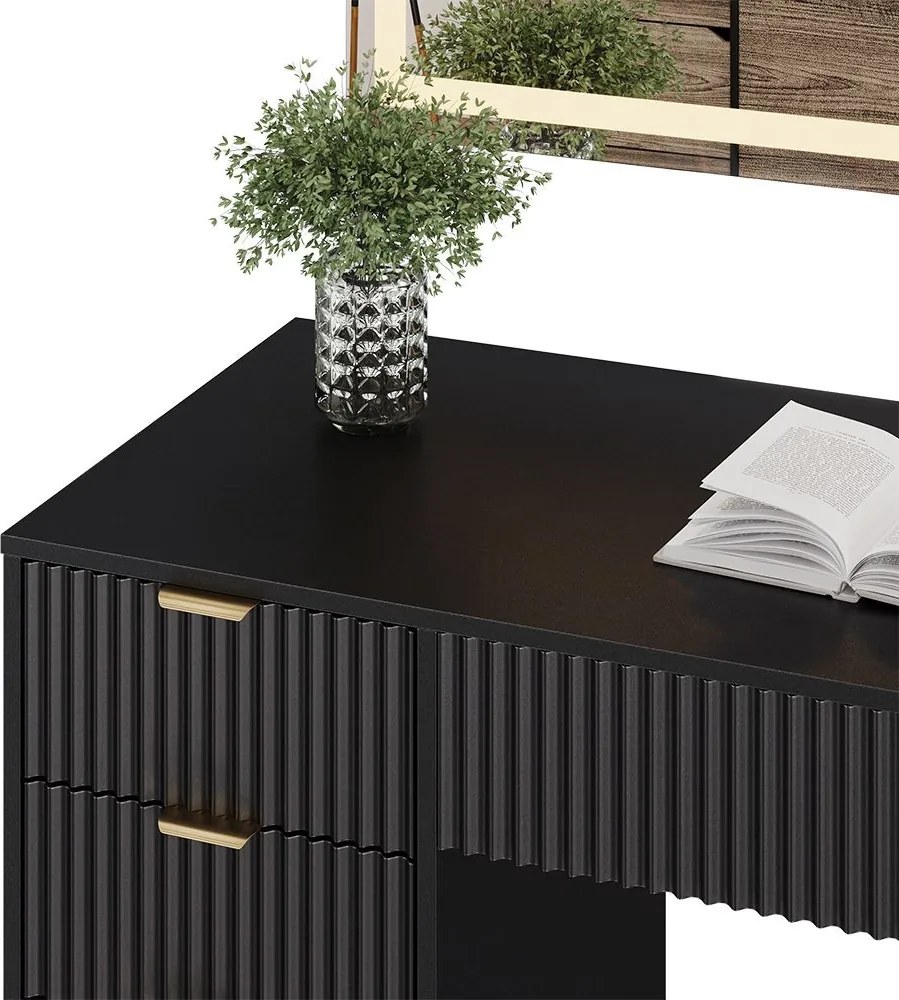 Masuta machiaj neagra cu Oglinda LED si 5 Sertare pentru Cosmetice, Set Masa toaleta 120 cm, masuta vanity cu Riflaj, cosmetica- SEN250