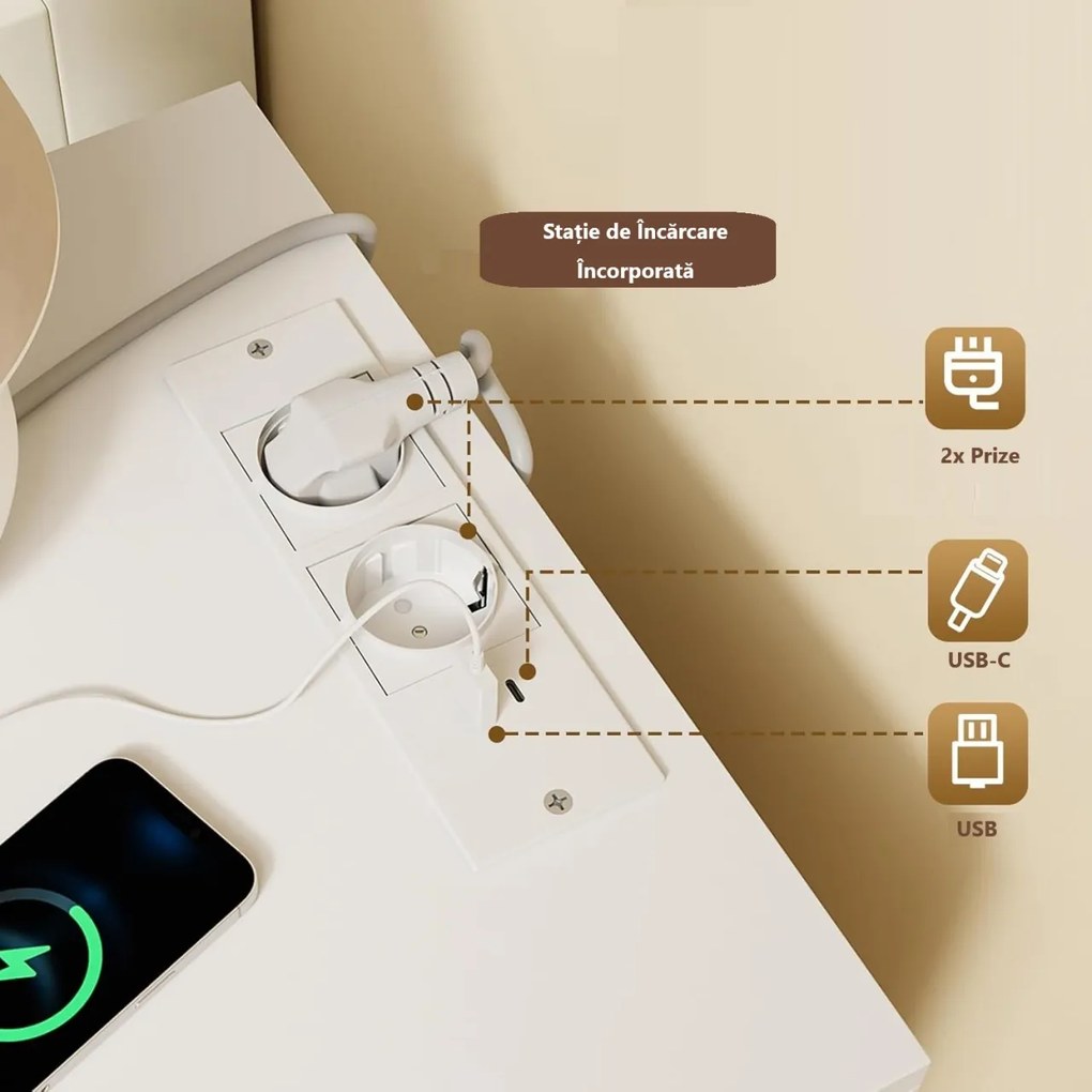 NOA29 - Set 2x Noptiere albe 40x40x47 cm, riflaje, cu sau fara Priza, cu 2 sertare, dormitor - Alb-Auriu