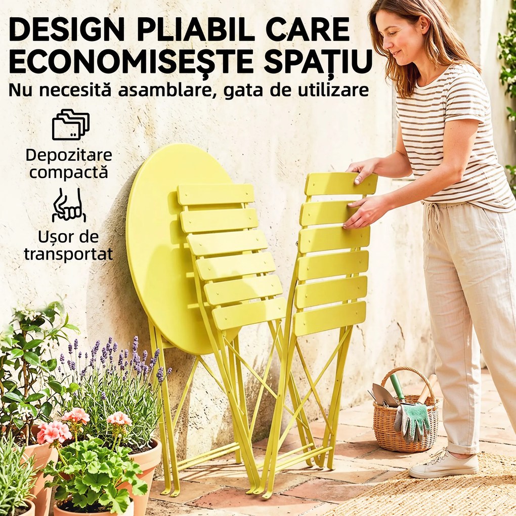 Outsunny Set Bistro, Masă și Scaune Pliabile pentru 2, Grădină, Galben. | Aosom Romania