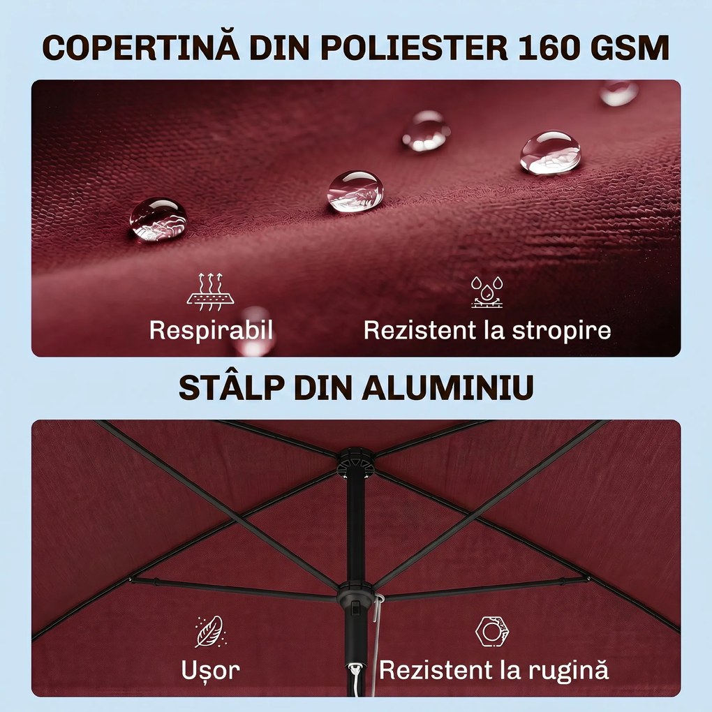 Outsunny Umbrelă de Grădină cu Margini Ondulate și 4 Brațe din Aluminiu, 198x130x245 cm, Roșu | Aosom Romania