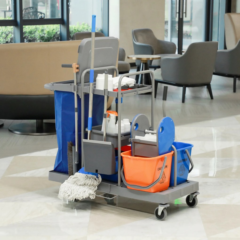 HOMCOM Cărucior Profesional de Curățenie cu 3 Rafturi, Sac pentru Gunoi și Găleată, 111x63,3x103 cm, Gri | Aosom Romania