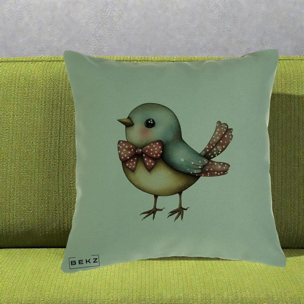 Perna Decorativa Pasare Bleu cu Fundita Rosie, 40x40 cm, Verde, Husa Detasabila, Perna Inclusa, BEKZ®