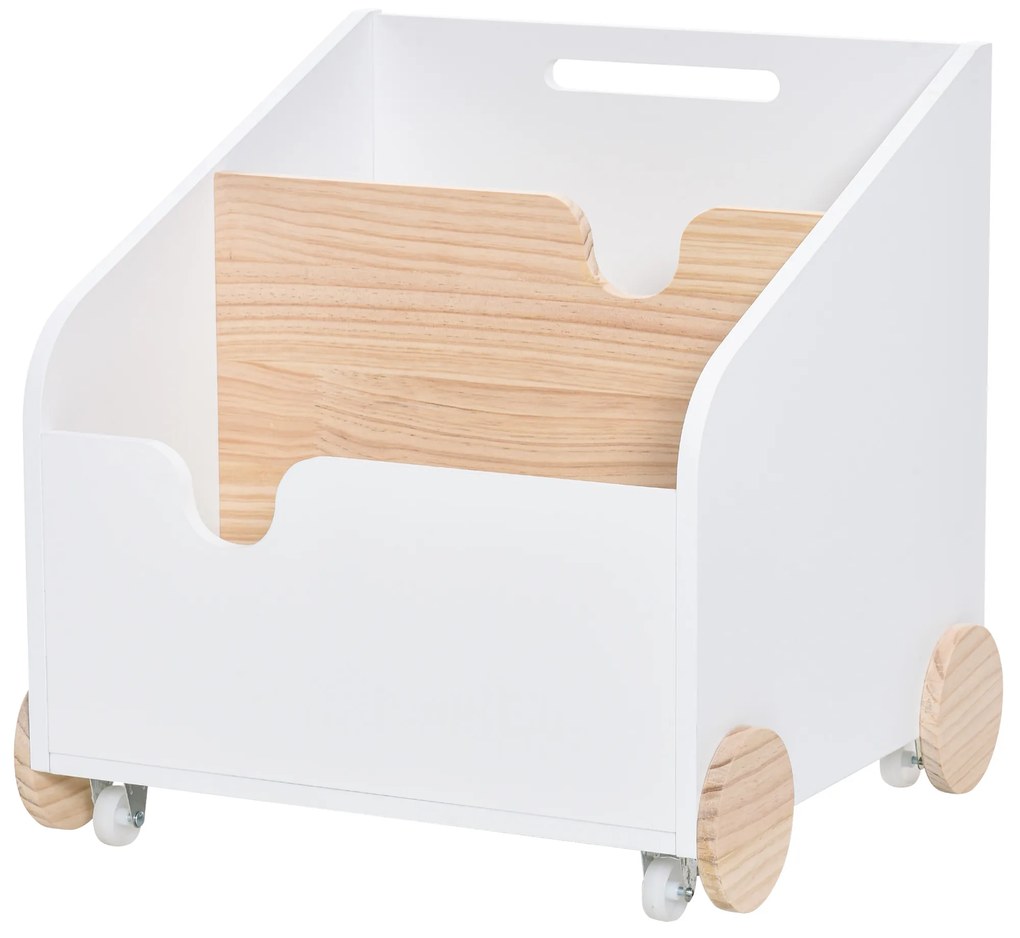 HOMCOM Cutie de Depozitare din Lemn pentru Jucării 2 Secțiuni cu Roți și Mâner Cărucior Copii Librărie cu Roți pentru Cameră Copii 40x43x43 cm Alb și Natural | Aosom Romania