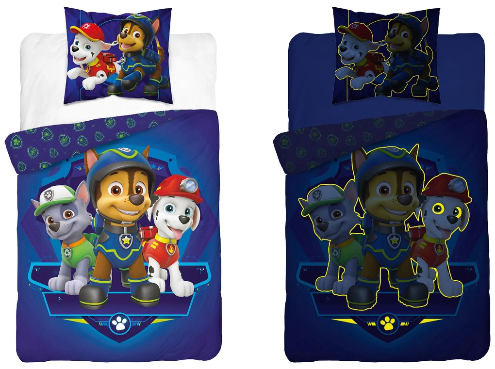 Lenjerie de pat luminoasa PAW PATROL Team logo albastra Dimensiune lenjerie de pat: 70 x 80 cm | 140 x 200 cm