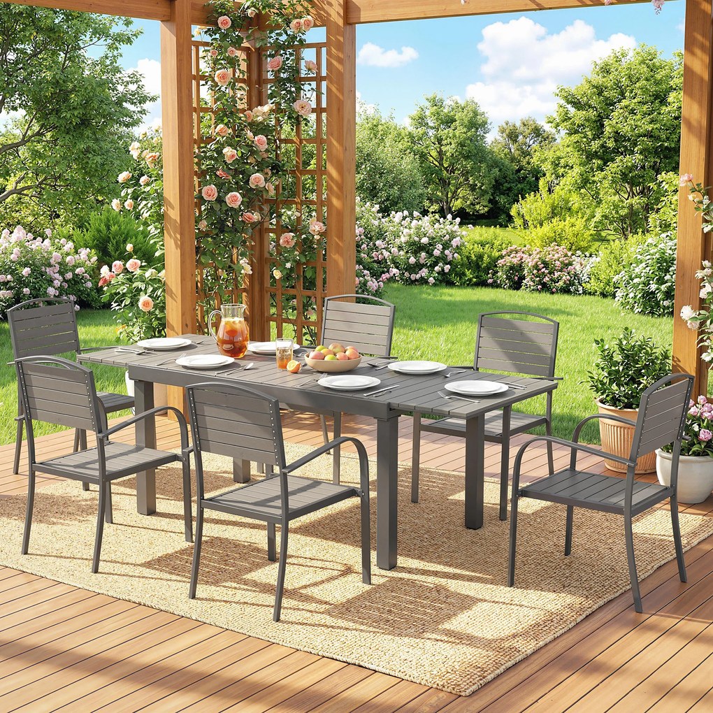 Outsunny Set mobilier grădină 7 piese Masă extensibilă cu 6 scaune Design lamele aspect lemn Cadru aluminiu | Aosom Romania