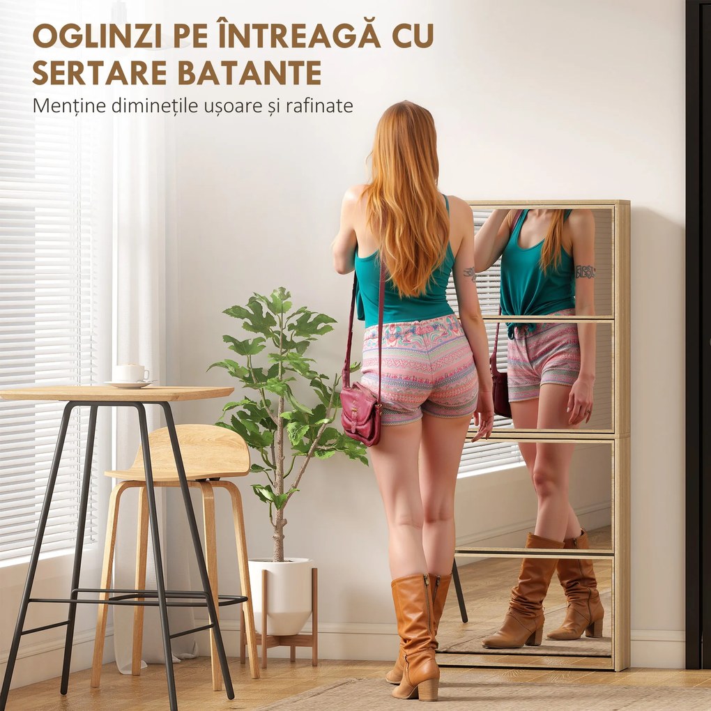 HOMCOM Dulap pentru Încălțăminte Slim cu 4 Uși și Oglindă 63x17x146 cm Culoare Lemn | Aosom Romania