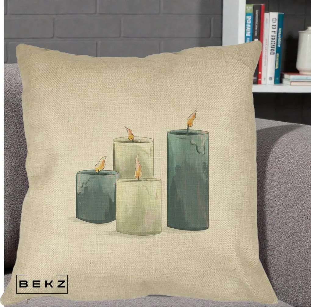 Perna Decorativa Lumanari Hygge Alb-Verde, 40x40 cm, Crem, Husa Detasabila, Perna Inclusa, BEKZ®