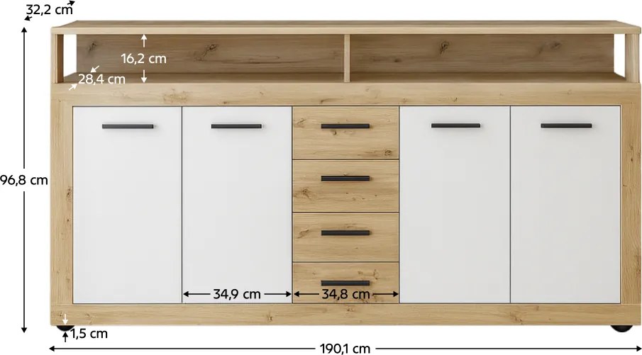 Comodă combinată, stejar artisan/alb, LUNYSA