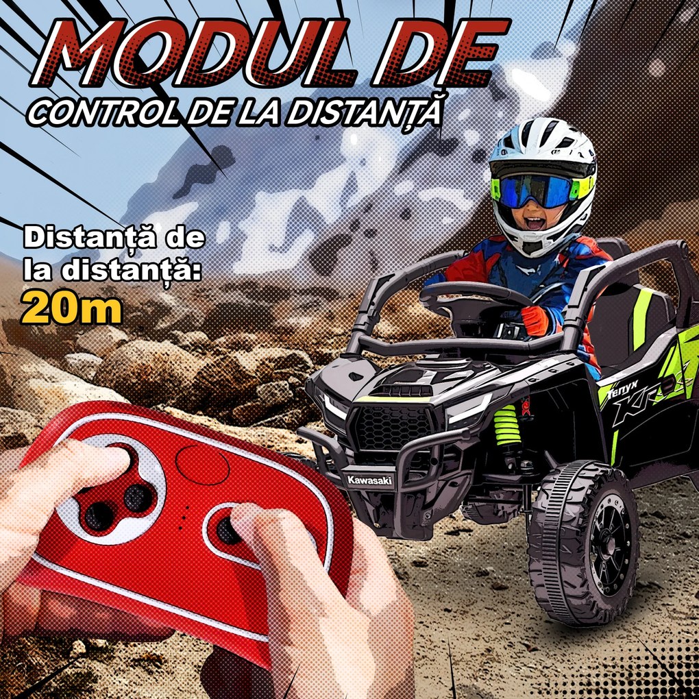 AIYAPLAY ATV Electric pentru Copii 3-5 Ani 12V cu Licență KAWASAKI, Dublu Motor, Telecomandă și Muzică, Negru | Aosom Romania