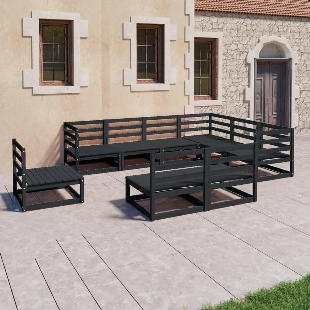 3075788 vidaXL Set mobilier de grădină, 9 piese, negru, lemn masiv de pin