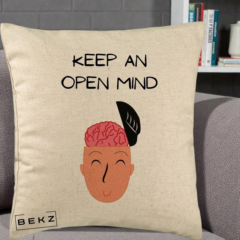 Perna Decorativa Keep An Open Mind, 40x40 cm, Bej, Husa Detasabila, Perna Inclusa, BEKZ®