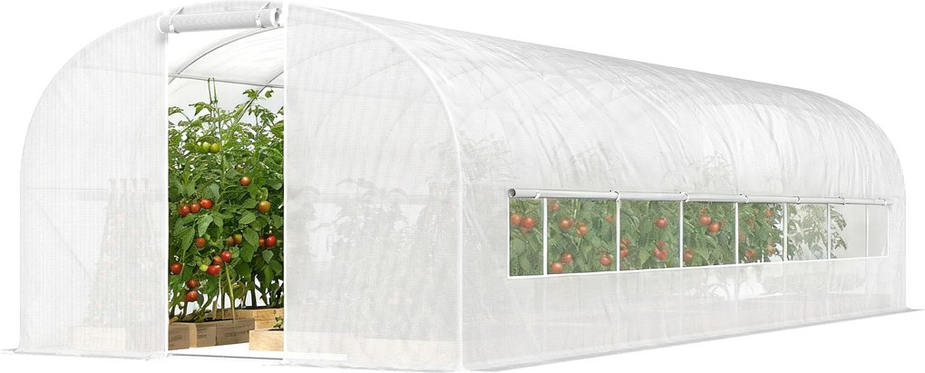 Outsunny Seră tunel de grădină 24 m², seră tunel cu cadru din oțel galvanizat, uși și 2 ferestre mari, alb | Aosom Romania