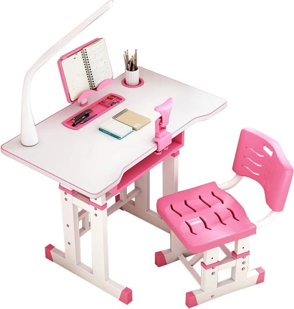 Birou copii din MDF cu lampa inclusa Novokids Premium desk, Dimensiuni 80X50X70, Cadru metalic, Roz cu Alb