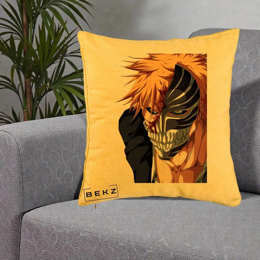 Perna Personalizata Bleach Ichigo Masca Hollow, 40x40 cm, Galben, Husa Detasabila, Perna Inclusa, BEKZ®