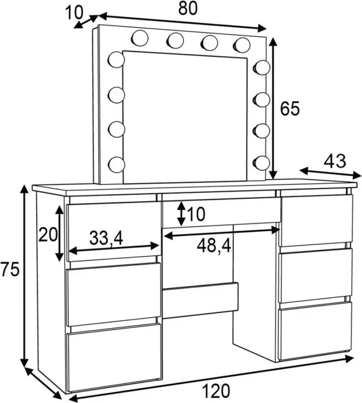 Masuta machiaj cu Oglinda LED si 7 Sertare pentru Cosmetice, Set Masa toaleta 120 cm, Alb, masuta cosmetica, vanity - SEA516