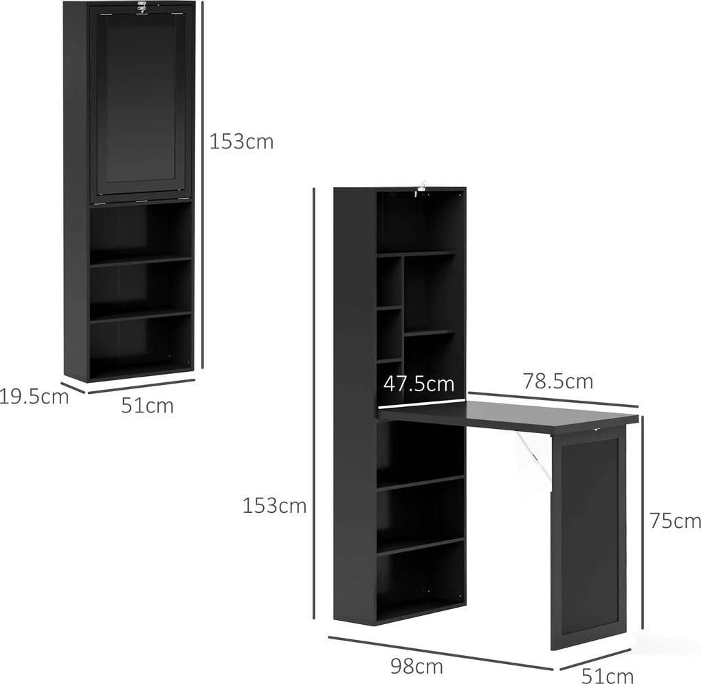 HOMCOM Birou Modern Pliabil cu Bibliotecă și Tablă, din Lemn și Metal, 98x51x153 cm, Negru | Aosom Romania