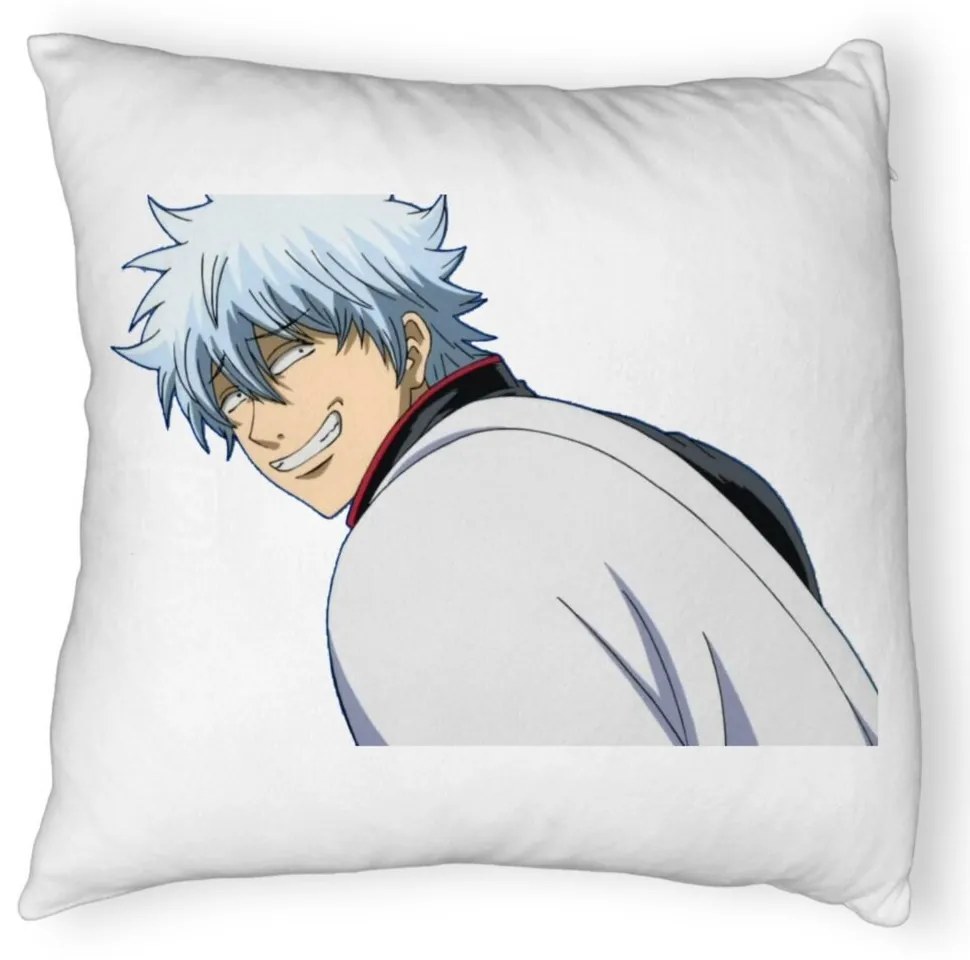 Perna Decorativa Fluffy cu Gintama Gin, 40x40 cm, Alba, Husa Detasabila, Burduf