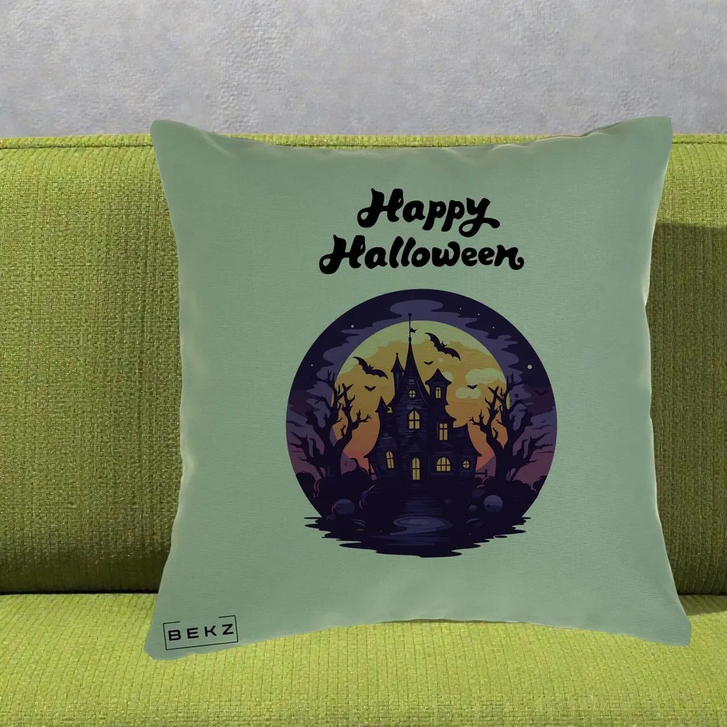 Perna Decorativa Happy Halloween Casa Bantuita Violet, 40x40 cm, Verde, Husa Detasabila, Perna Inclusa, BEKZ®