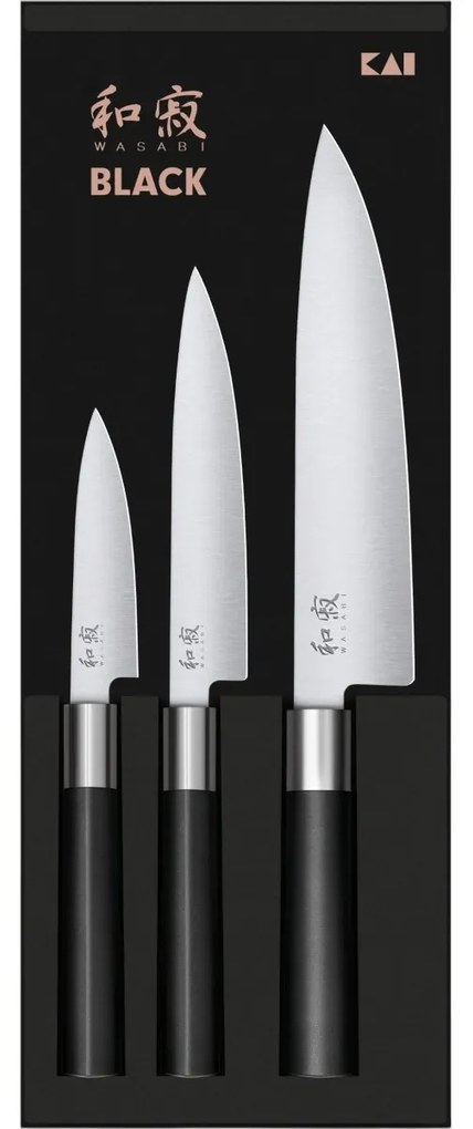 Set de 3 cuțite Kai Wasabi Black – universal mic,universal mare și bucătar mare