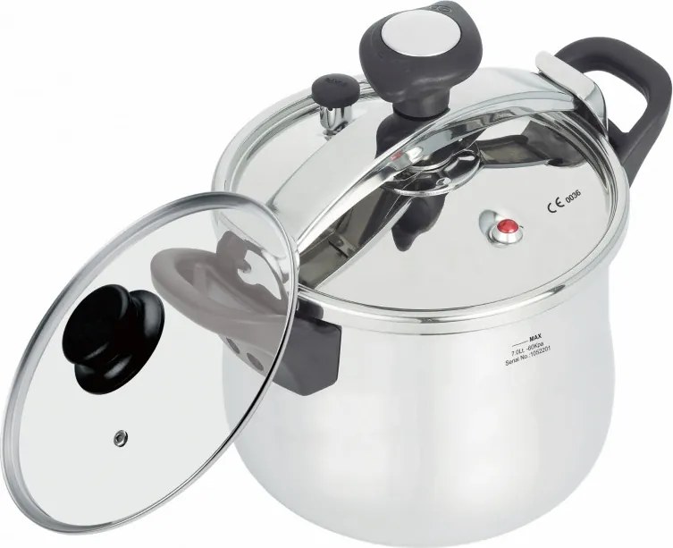 La mâna a doua: Oala sub presiune Rosberg R51311A7, 7 litri, 2 capace, Inductie, Fund cu trei straturi, Inox