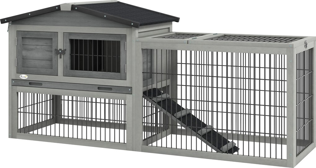 PawHut Cuib Exterior din Lemn de Brad cu Rampă, Acoperiș Rabatabil Impermeabil, Sertar Detașabil, Cuib pentru Iepuri, Animale Mici, Gri Deschis | Aosom Romania
