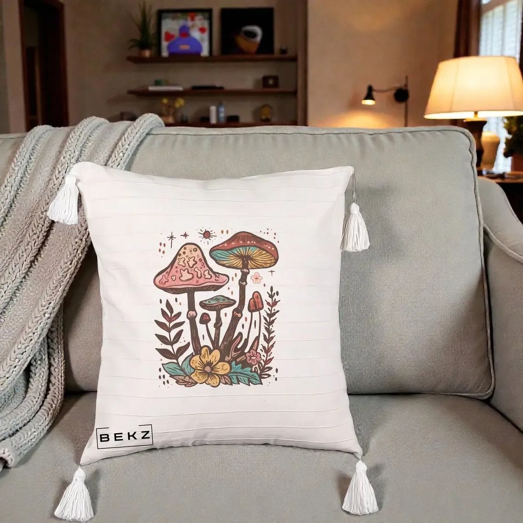 Perna decorativa Ciuperci Boho Multicolore, 45x45 cm cu Umplutura, Bej cu Franjuri, BEKZ