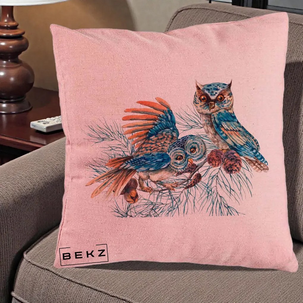 Perna Decorativa Bufnite de Iarna Albastre, 40x40 cm, Roz, Husa Detasabila, Perna Inclusa, BEKZ®