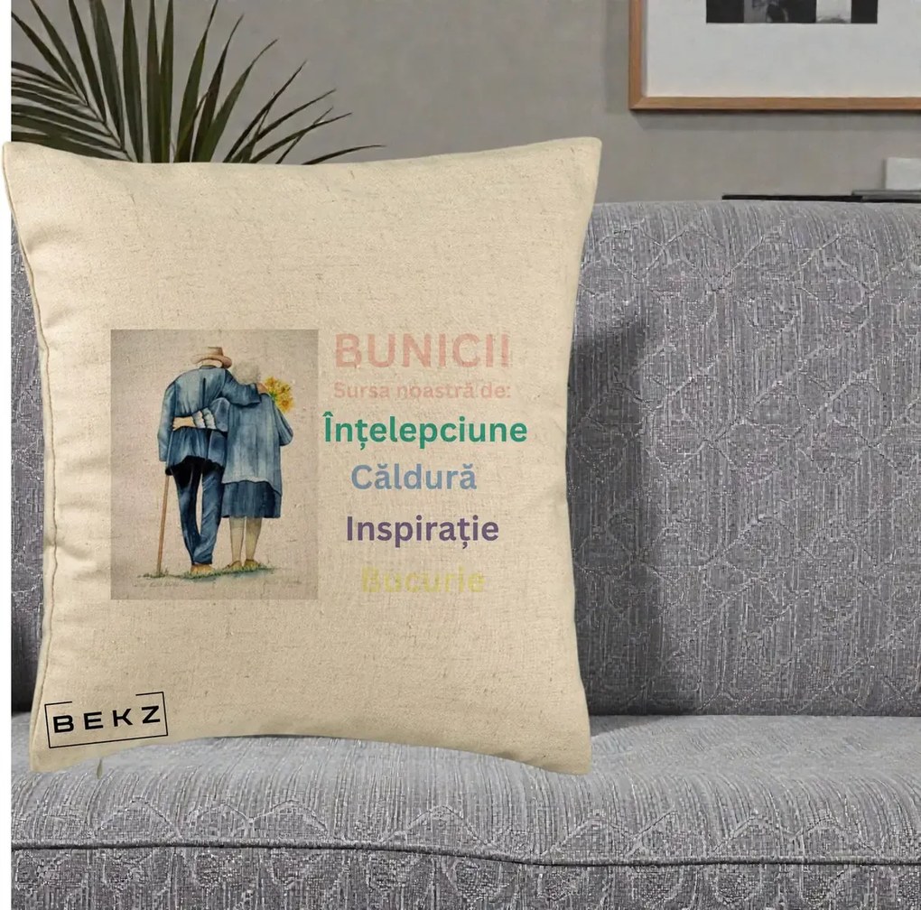 Cadou pentru Bunici - Perna Personalizata Bunicii Sursa Intelepciune Caldura Acuarela, 40x40 cm, Bej, Husa Detasabila, Perna Inclusa, BEKZ®