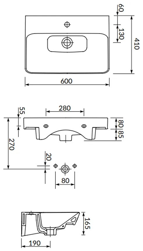 Lavoar suspendat alb 60 cm, dreptunghiular, Cersanit Mille Slim 600x410 mm