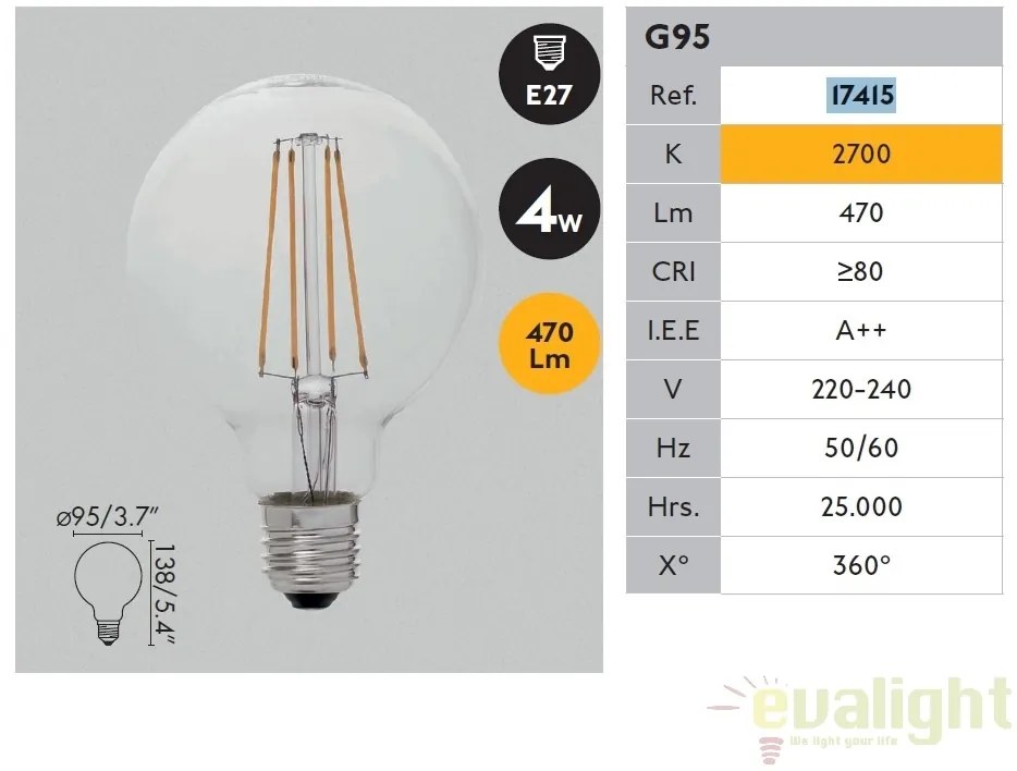 Bec LED decorativ Globe FILAMENT E27 4W 2700K 17415