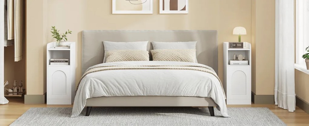 NOA78 - Set 2 Noptiere, 24 cm, foarte inguste, cu Raft si Dulapior - Alb