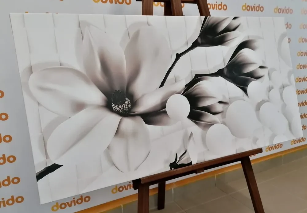 Tablou magnolie cu elemente abstracte alb-negru
