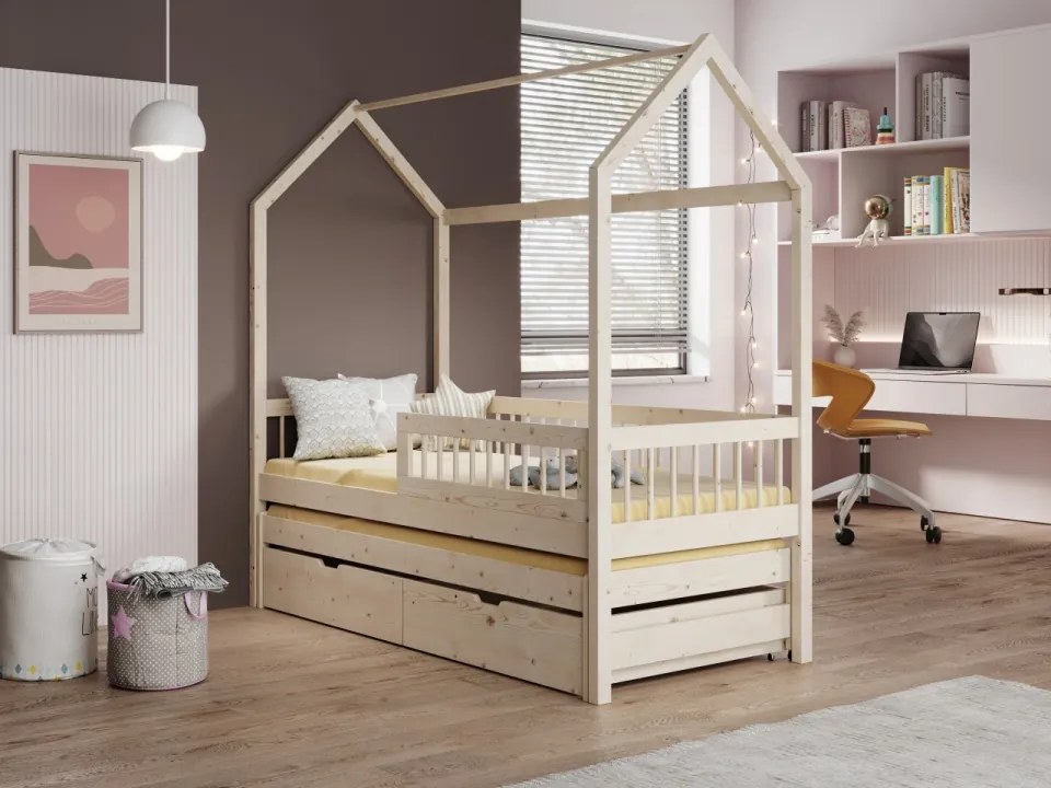 Pat pentru copii din lemn de pin cu sertare și spatiu pentru depozitare, Artes, ADRK Furniture (Culoare: Natural, Optiune modul: Fara saltea,