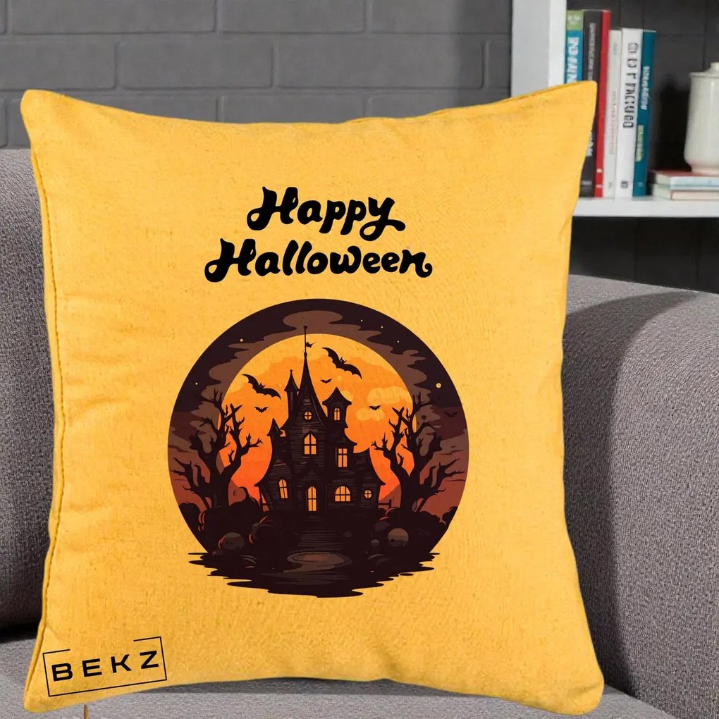 Perna Decorativa Happy Halloween Casa Bantuita Violet, 40x40 cm, Galben, Husa Detasabila, Perna Inclusa, BEKZ®