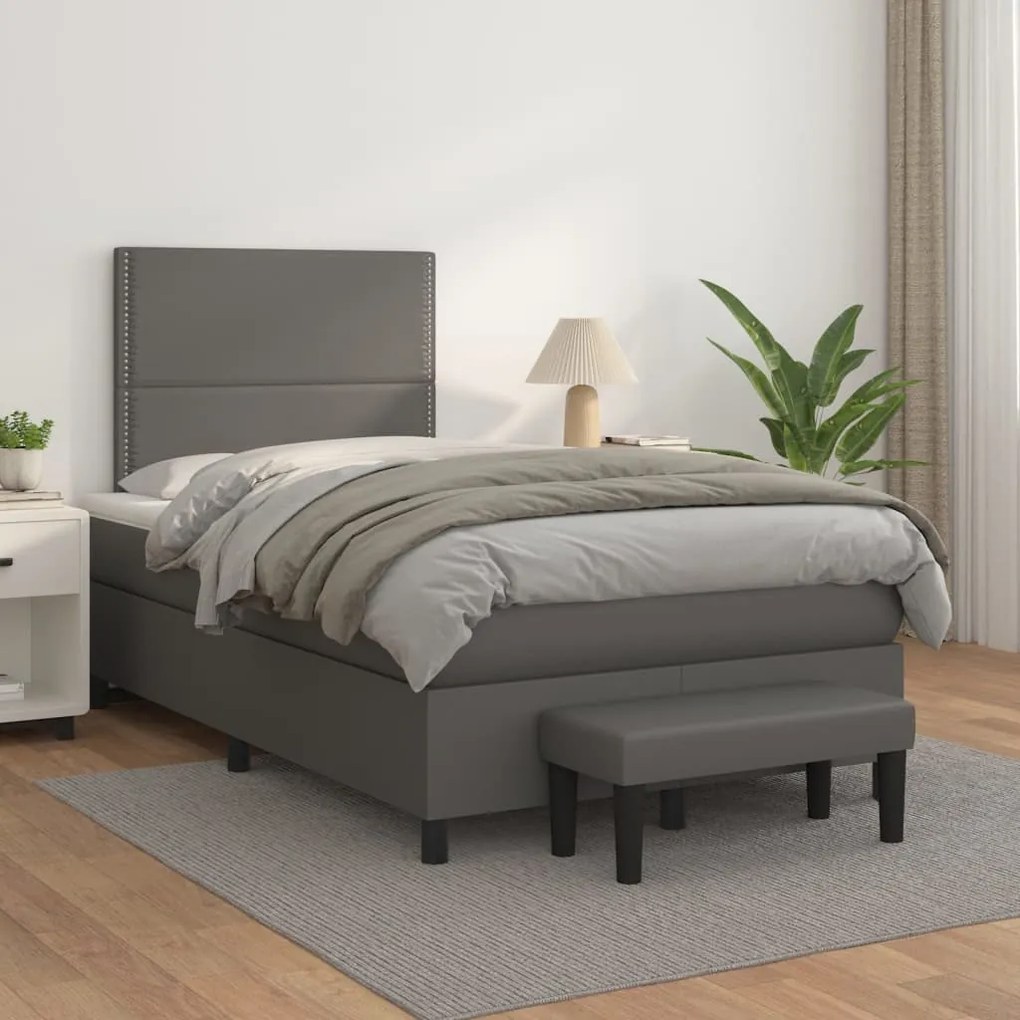 vidaXL Pat box spring cu saltea, gri, 120x200 cm, piele ecologică