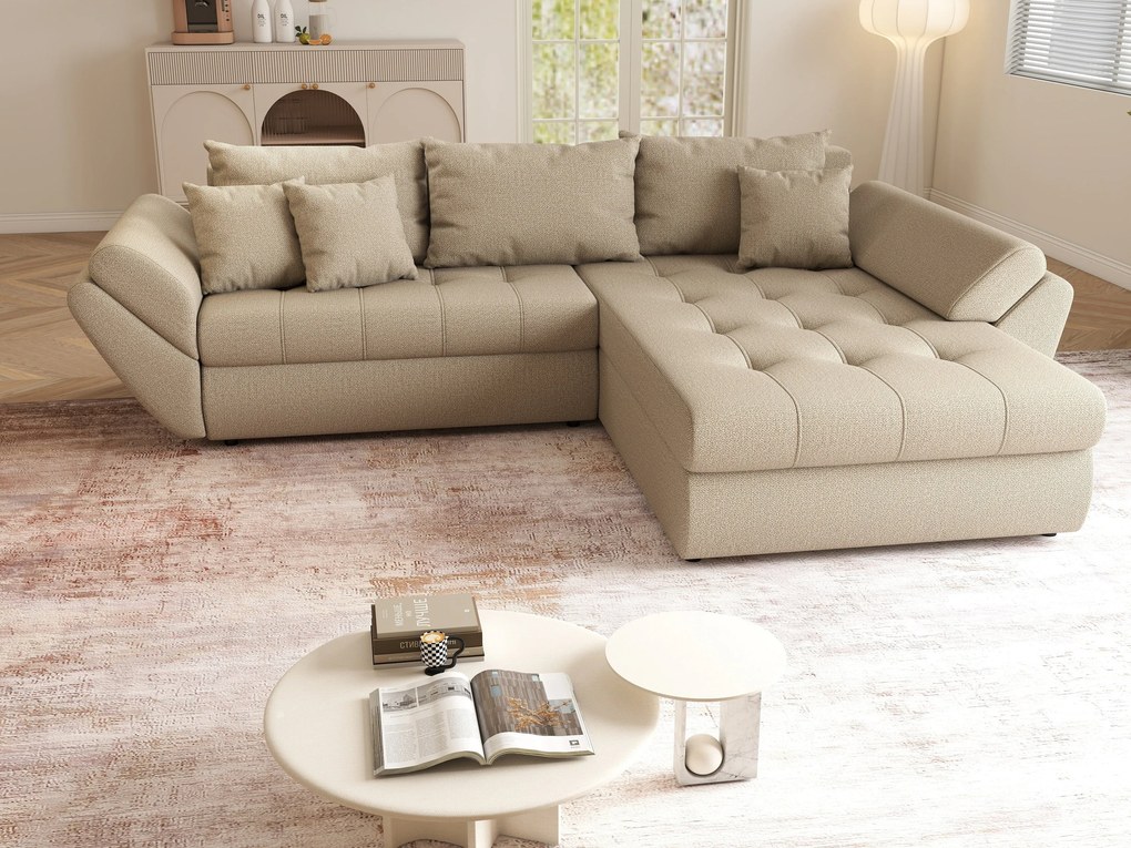 Colțar extensibil dumonde cu ladă de depozitare si sezut confortabil din spuma high-density, Loana Enjoy Camel II 270x185 cm