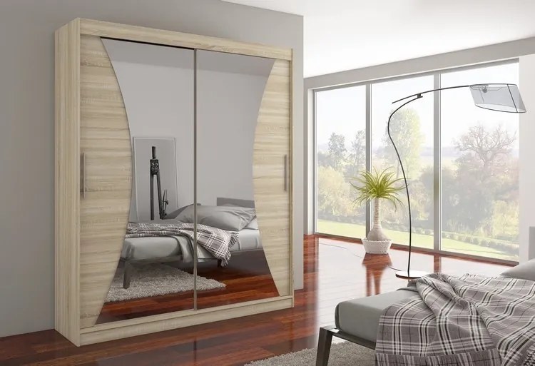 Dulap cu usi glisante si oglinda 180x215 cm, Charlotte, ADRK Furniture (Culoare: Sonoma)