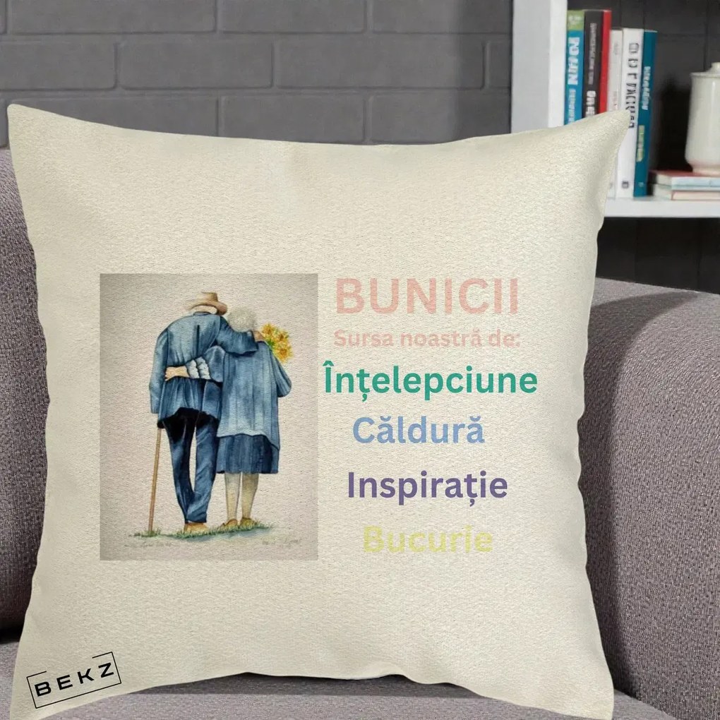 Cadou pentru Bunici - Perna Personalizata Bunicii Sursa Intelepciune Caldura Acuarela, 40x40 cm, Ecru, Husa Detasabila, Perna Inclusa, BEKZ®