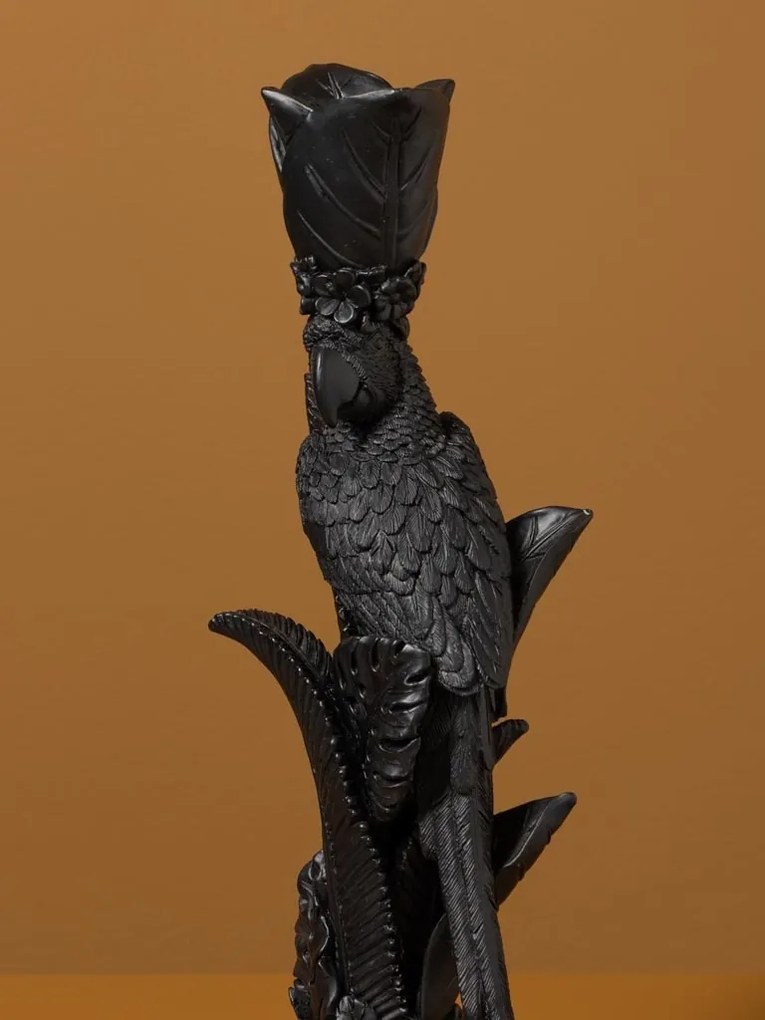 Sfeșnic din rășină cu papagal și frunze sculptate, negru antichizat, finisaj patinat, 32,5×10,5 cm, „Perroquet"
