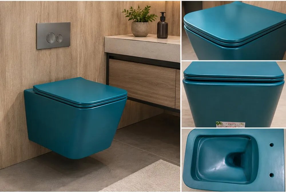 Set vas WC suspendat Inter Ceramic Rimless verde albastrui inchis mat cu capac softclose