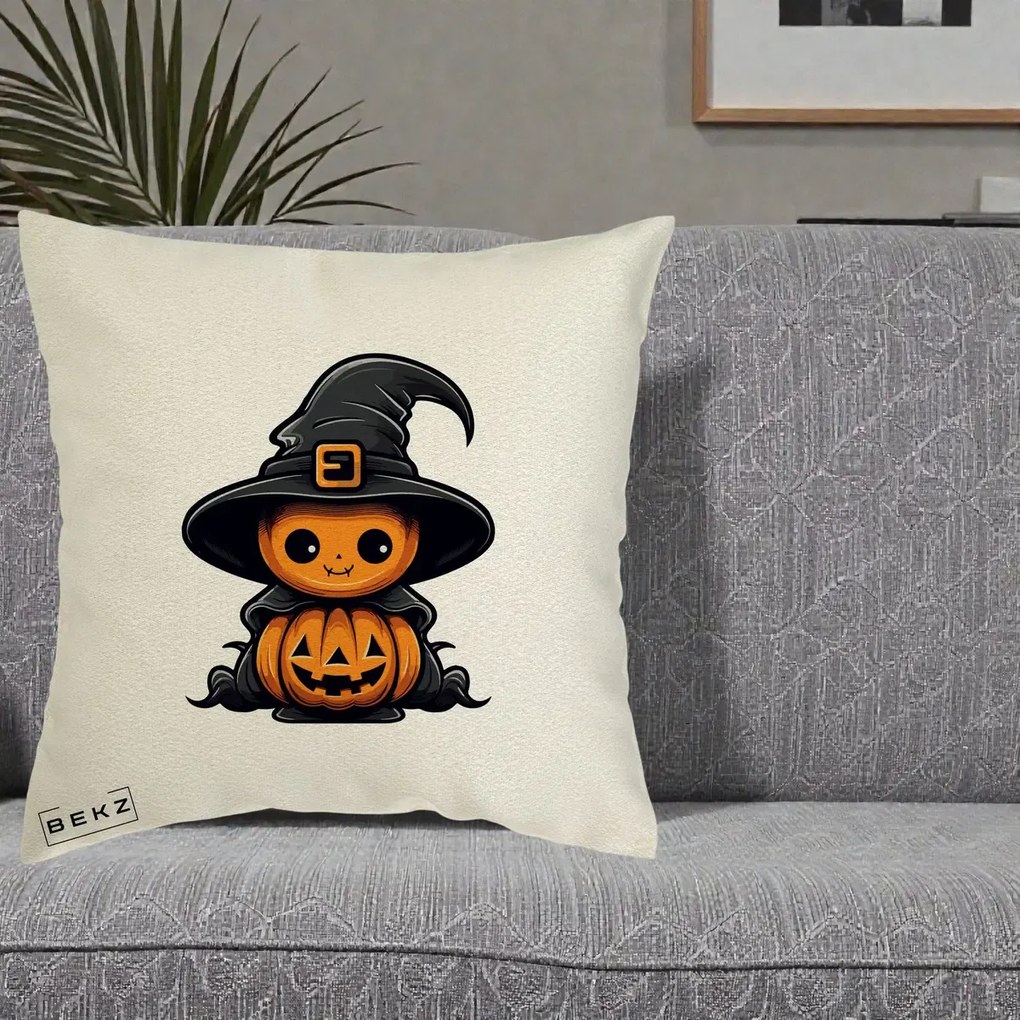 Perna Decorativa Halloween Dovleac Vrajitor Kawaii, 40x40 cm, Ecru, Husa Detasabila, Perna Inclusa, BEKZ®