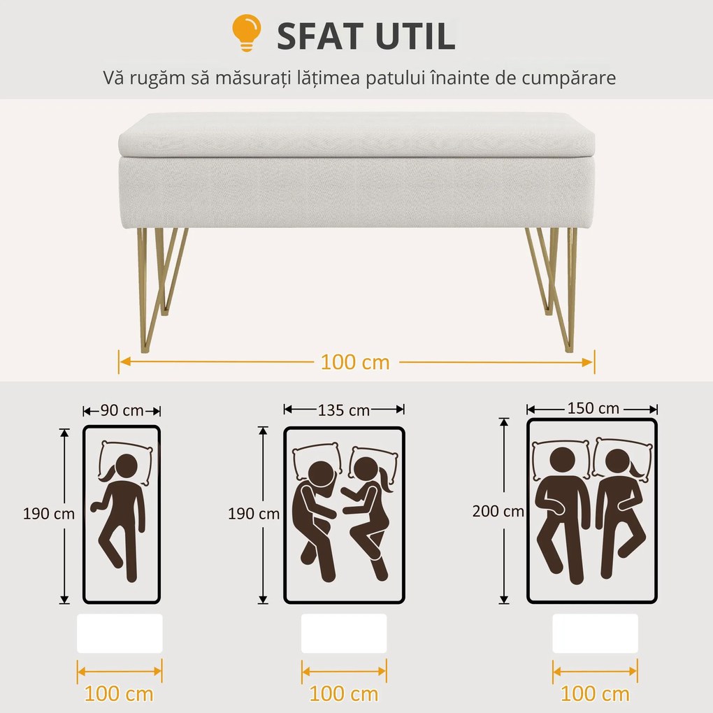 HOMCOM Bancuta otoman 100cm cu spatiu de depozitare, Bancuta tapitata pentru capatul patului cu picioare in forma de ac de par