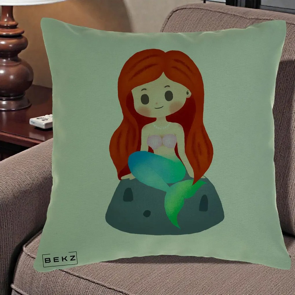 Perna Personalizata Sirena Kawaii Roscat, 40x40 cm, Verde, Husa Detasabila, Perna Inclusa, BEKZ®