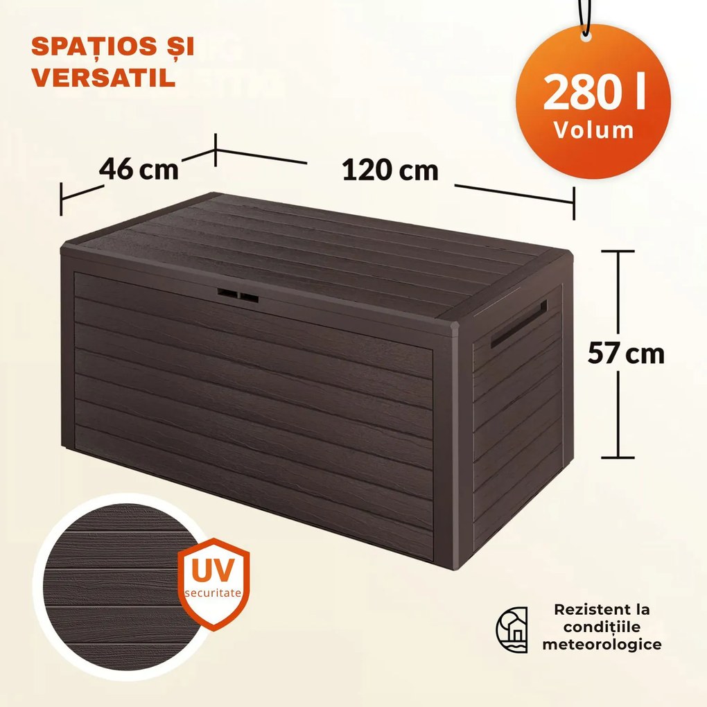 Cutie de depozitare WOODEBOX, 280L, 120x46x57cm, maro închis Prosperplast